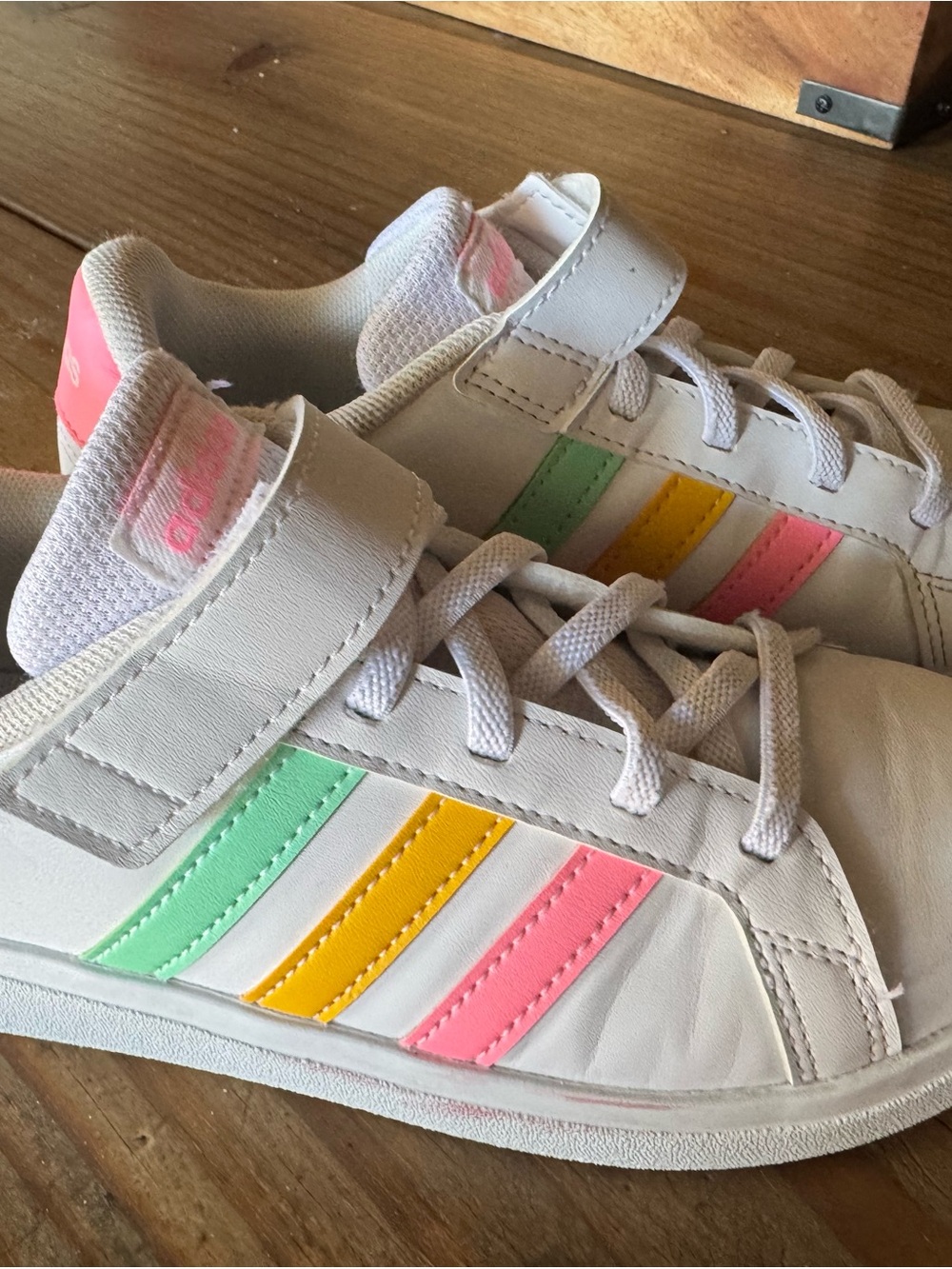 Adidas Kids White Sneakers with Pink, Yellow & Mint Stripes Size 1.5Y